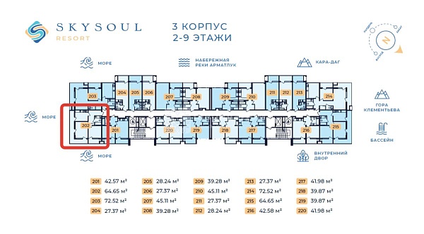 Продажа 2-комнатной квартиры в ЖК SkySoul Resort, 64.65 м2, 9/9 эт.